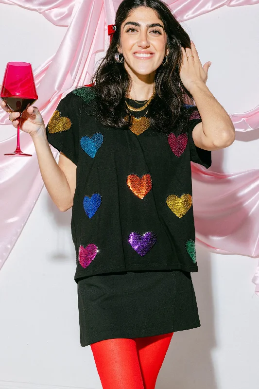 Black Multi Sequin Heart Tee