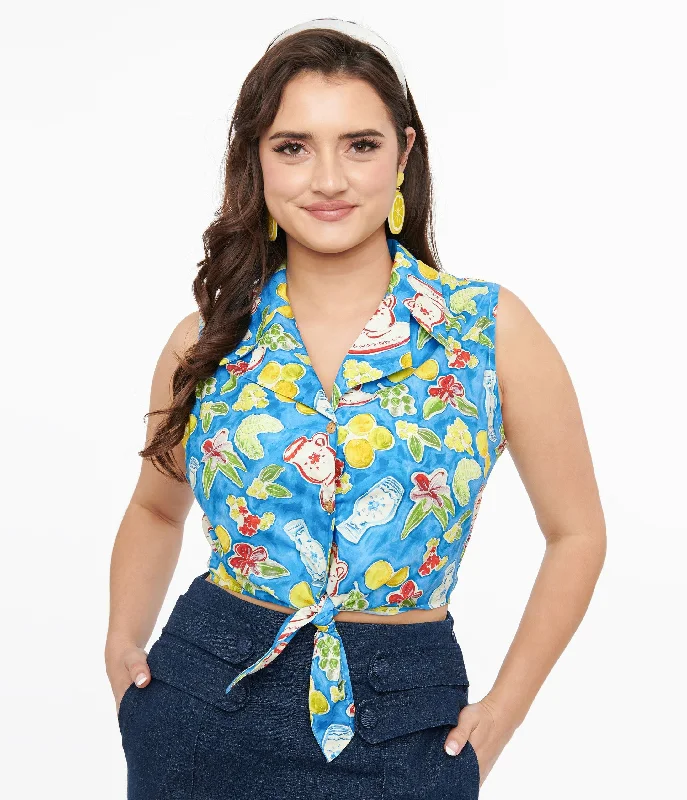 1950s Blue Lemon In My Tea Print Crop Top