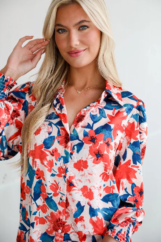 FINAL SALE - Dreamy Personality Coral Satin Floral Button-Up Blouse