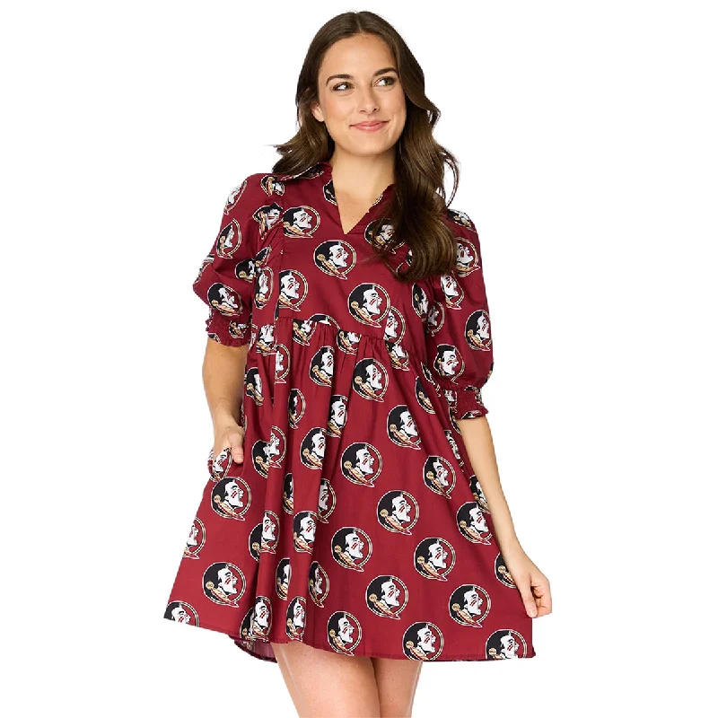 Stewart Simmons Women's Seminole Logo Pattern Oversized V-Neck Poplin Dress - Garnet