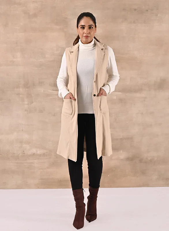 Beige Sleeveless Trench Coat with Notch Collar