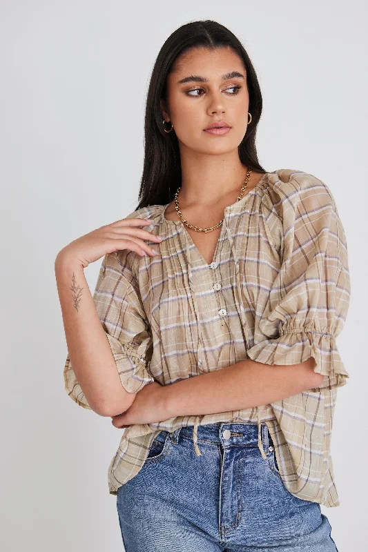 Frolic Beige Check Pintuck Tie Ss Top