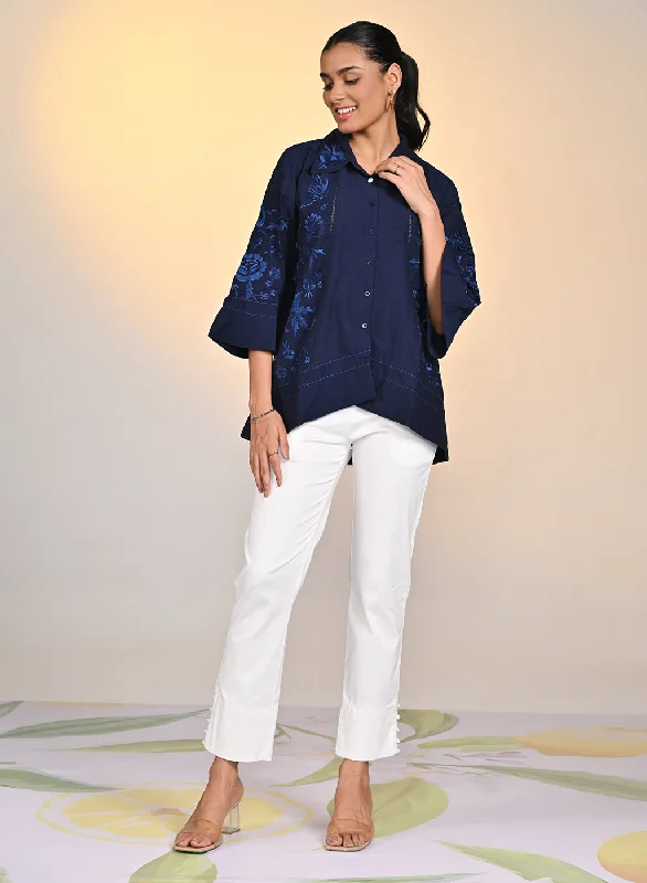 Laira Blue Embroidered Tencel Top for Women