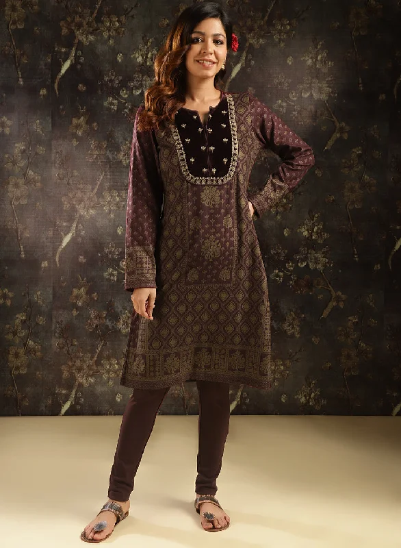 Maroon Printed Woolen Kurta with Velvet Yoke