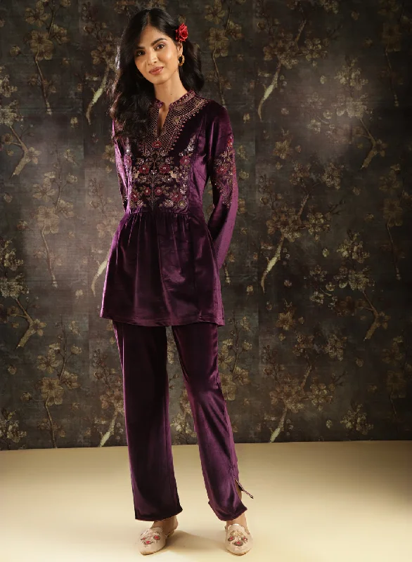 Purple Embroidered Velvet Tunic for Women