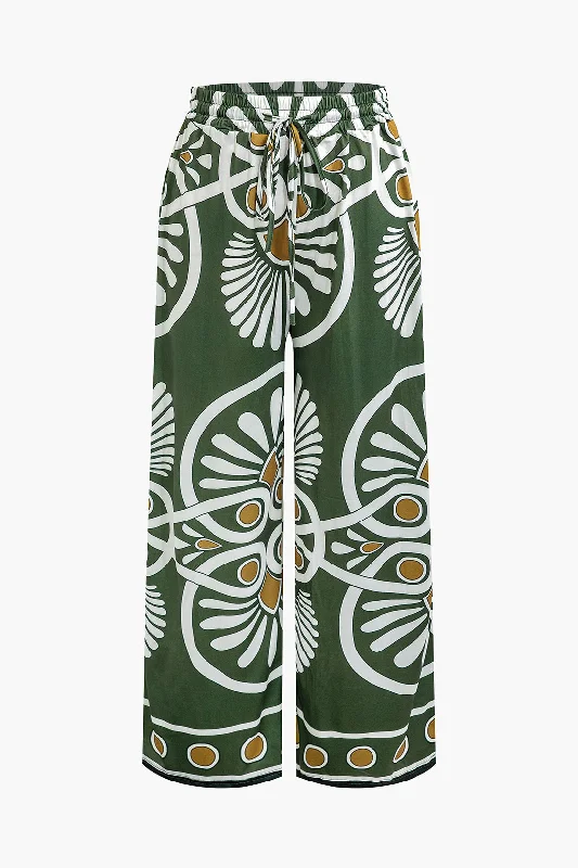 Abstract Print Drawstring Wide Leg Pants