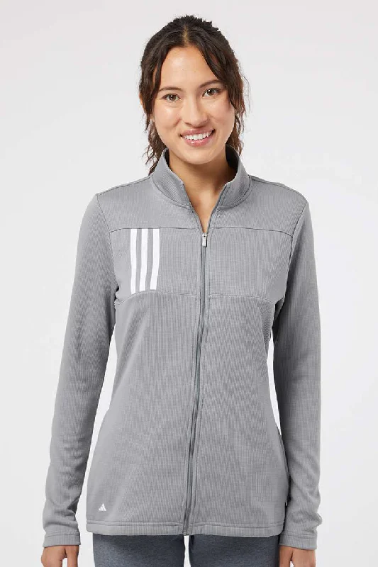 Adidas Womens 3 Stripes Double Knit Moisture Wicking 1/4 Zip Sweatshirt - Grey/White