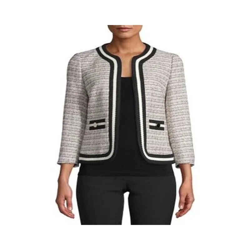 Anne Klein Women's Knit Trim Tweed Jacket White Size 8