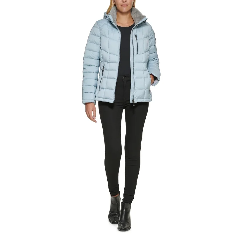 Calvin Klein Women's Faux Fur Trim Hooded Puffer Coat Blue Size Medium