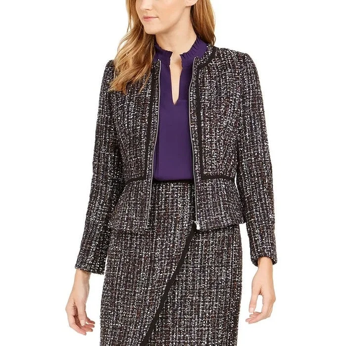 Calvin Klein Women's Tweed Zip Front Collarless Jacket Black Size 0