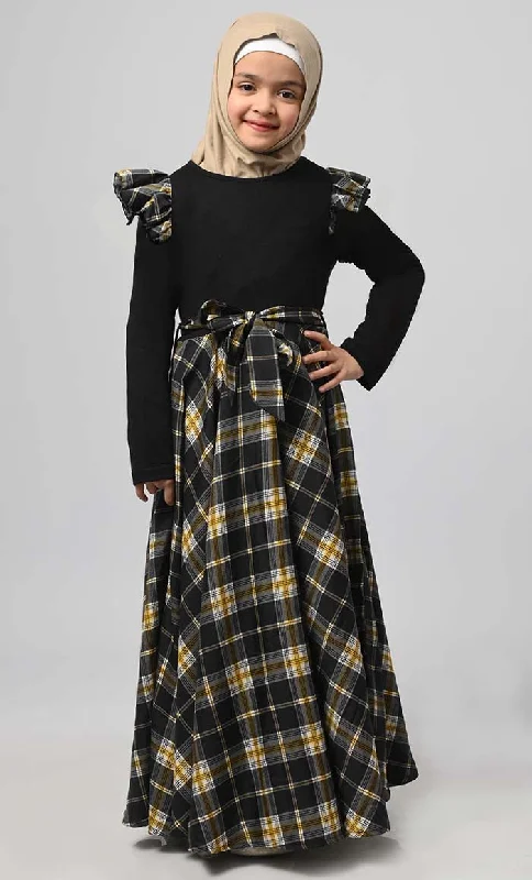 Girl Modest Muslim Check Printed Abaya With Loose Belt