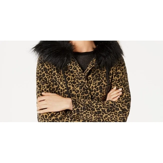 Jou Jou Junior's Leopard Print Faux Trim Hooded Jacket Brown Size Small