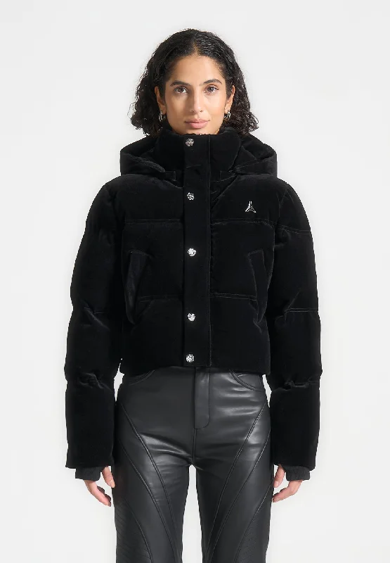 Velvet Eiffel Cropped Puffer Jacket - Black