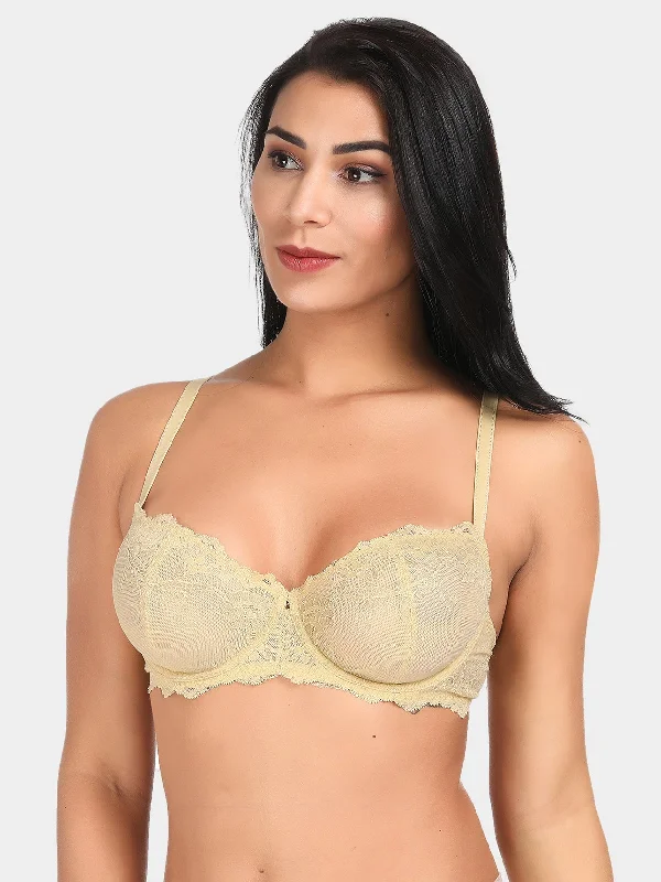 Eyelash Lace Demi Sexy Sheer Lace Balconette Bra Yellow