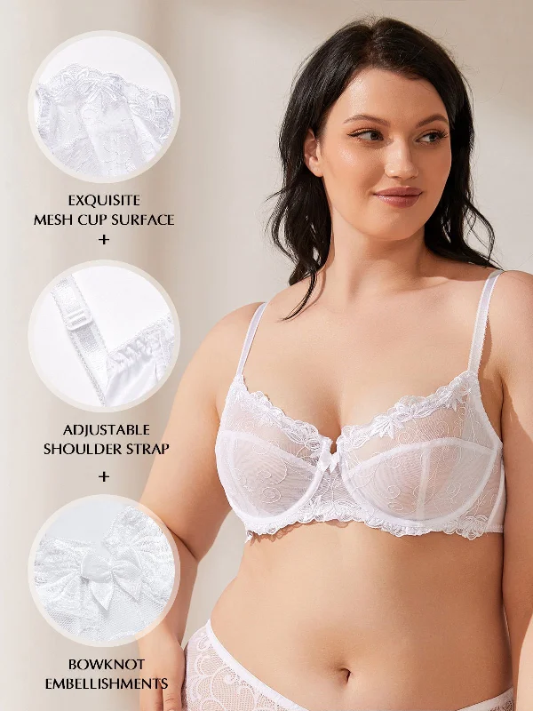 Plus Size See Through Unlined Underwire Lace Bra White