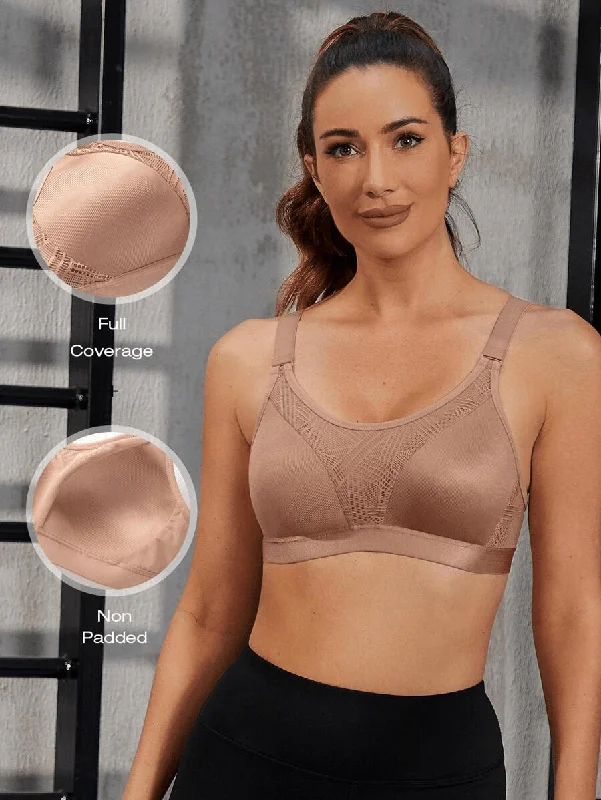 Wireless Full Coverage Workout Bra No Padded Plus Size Cross Back Exercise Sports Bra Milk Coffee