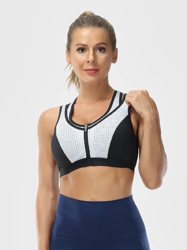 Zip Front Sports Bra High Impact Workout Bra Black