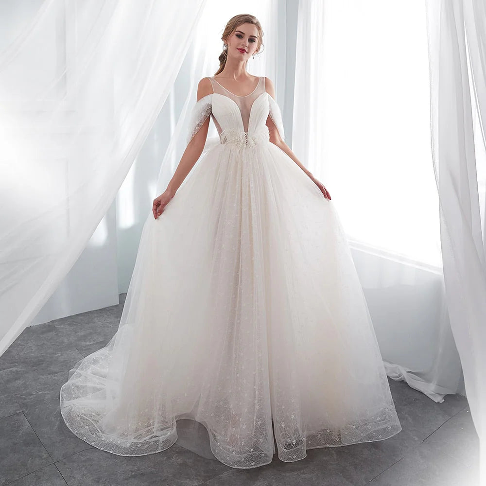 A Line Beading Tulle Wedding Dresses