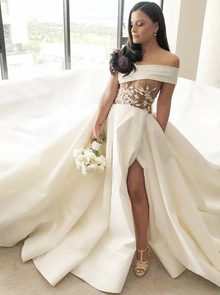 A Line Off The Shoulder Satin Zipeer Up Court Train Wedding Dresses