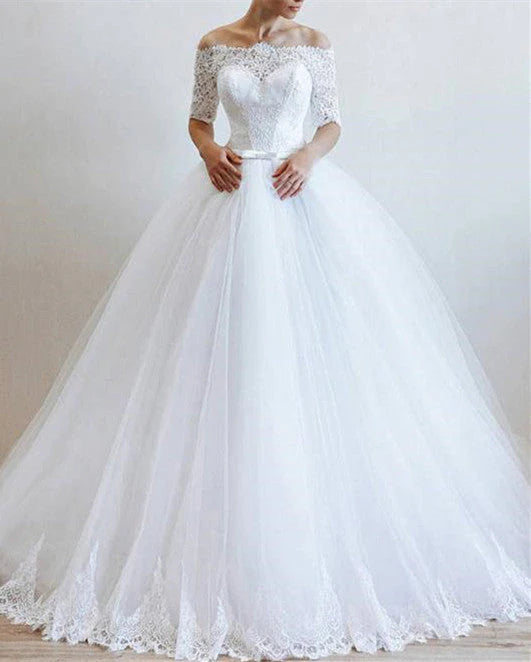 Ball Gown Boat Neck Tulle With Applique And Beads Long Sleeves Wedding Dresses