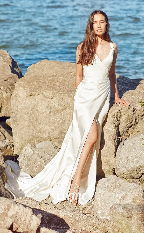 LW230 - Simple V Neck Ruched Satin Sheath Long Wedding Dress With Slit