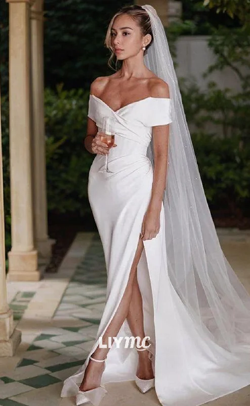 LW576 - Sheath Column Off-the-Shoulder Chapel Train Charmeuse Wedding Dresses With Leg Slit