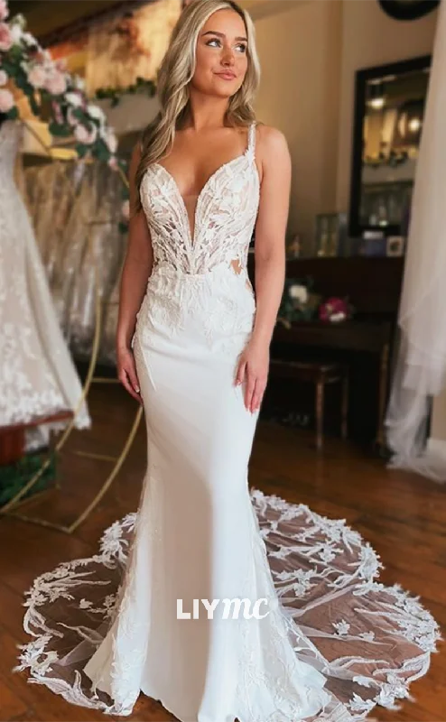 LW601 - Mermaid Low V-Neck Appliques Backless Beach Wedding Dress