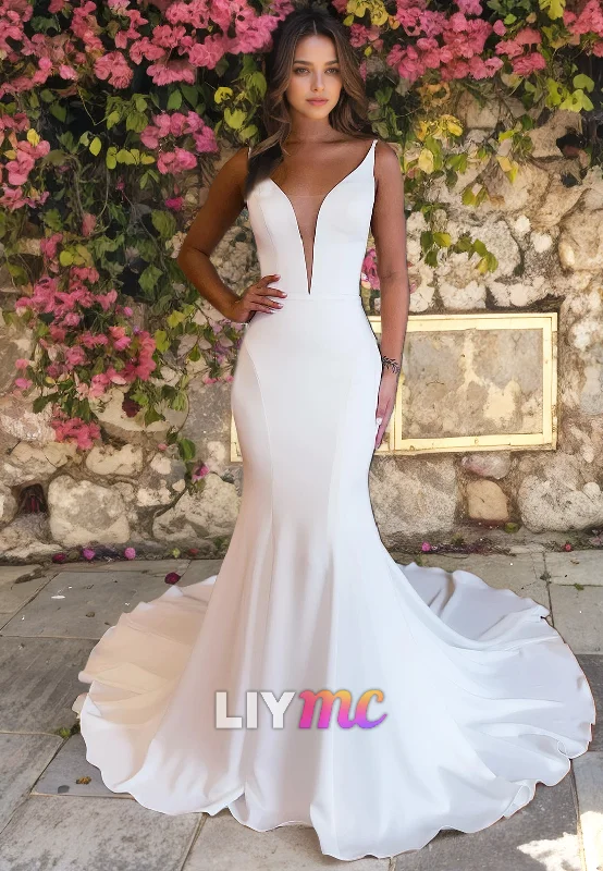 LW695 - Low V-Neck Sleeveless Sleek Satin Sweep Train Mermaid Beach Wedding Dress