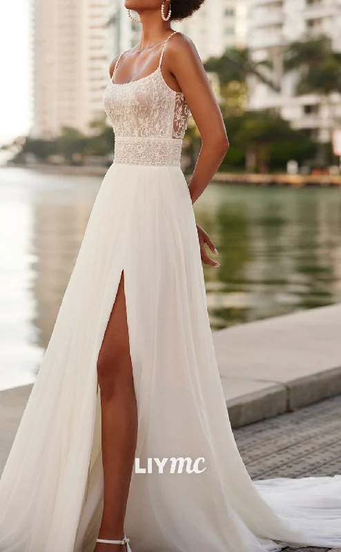 LW888 - Scoop Spaghetti Straps Sleeveless Sleek Backless Boho Wedding Dress