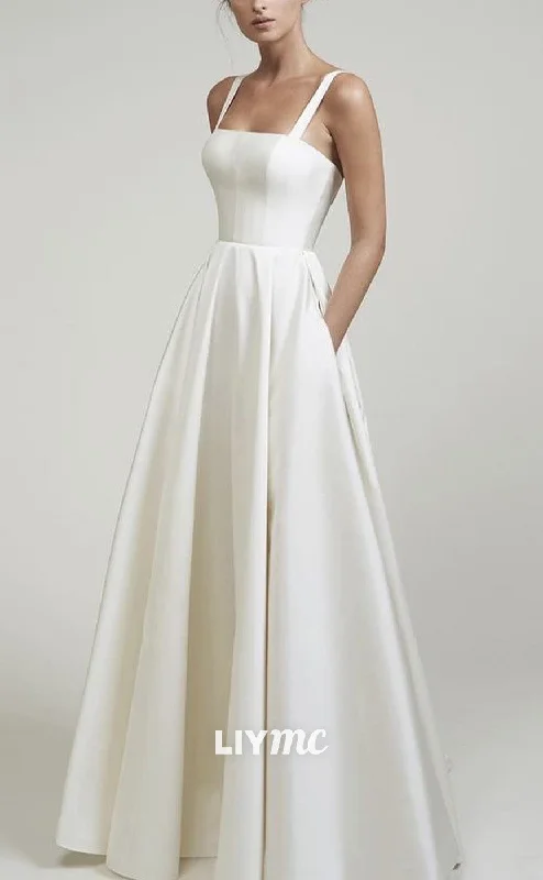 LW942 - Square Sleeveless Sleek Satin Pleated A-Line Beach Wedding Dress