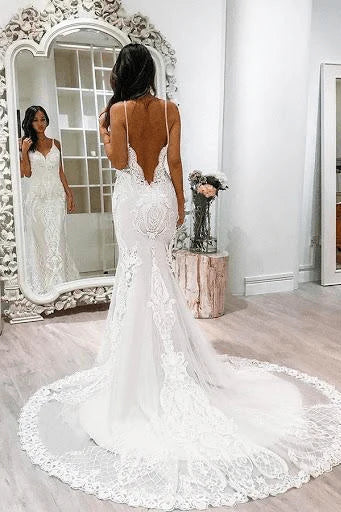 Mermaid Spaghetti Straps Long Tulle Sexy Open Back Wedding Dresses