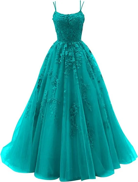 Spaghetti Strap Prom Dress Ball Gown Lace Appliques Wedding Tulle Homecoming Long Dress Princess Formal Evening Gowns        S3855