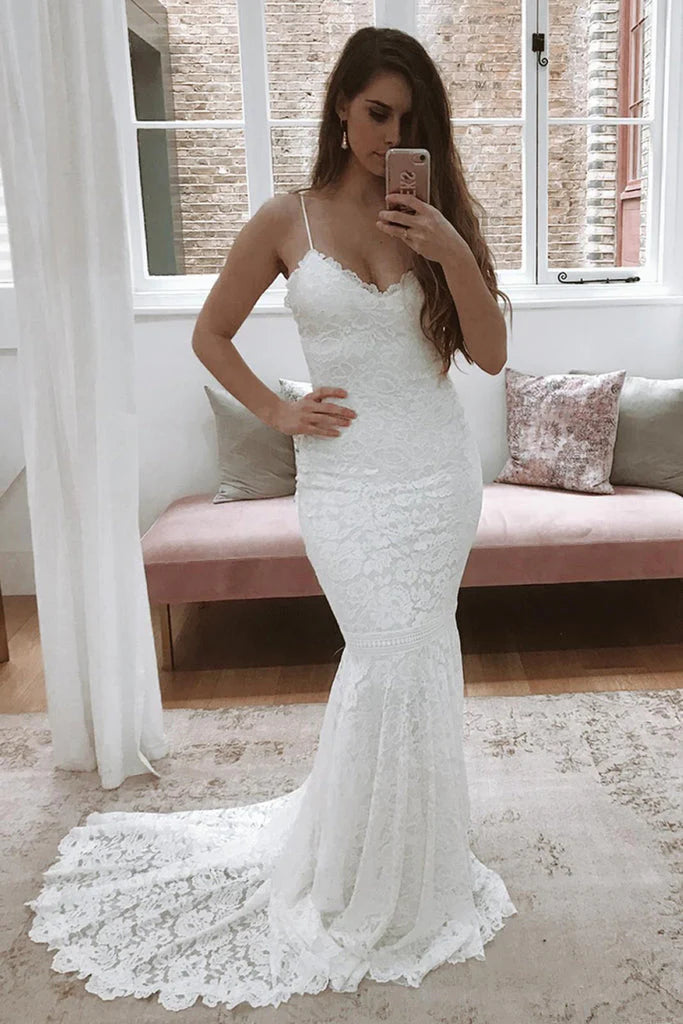 V Neck Back Hole Full Lace Mermaid Wedding Dresses