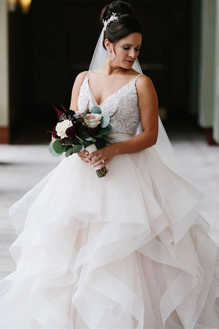 V-Neck Backless Beach Wedding Dress Ball Gowns With Ruffles