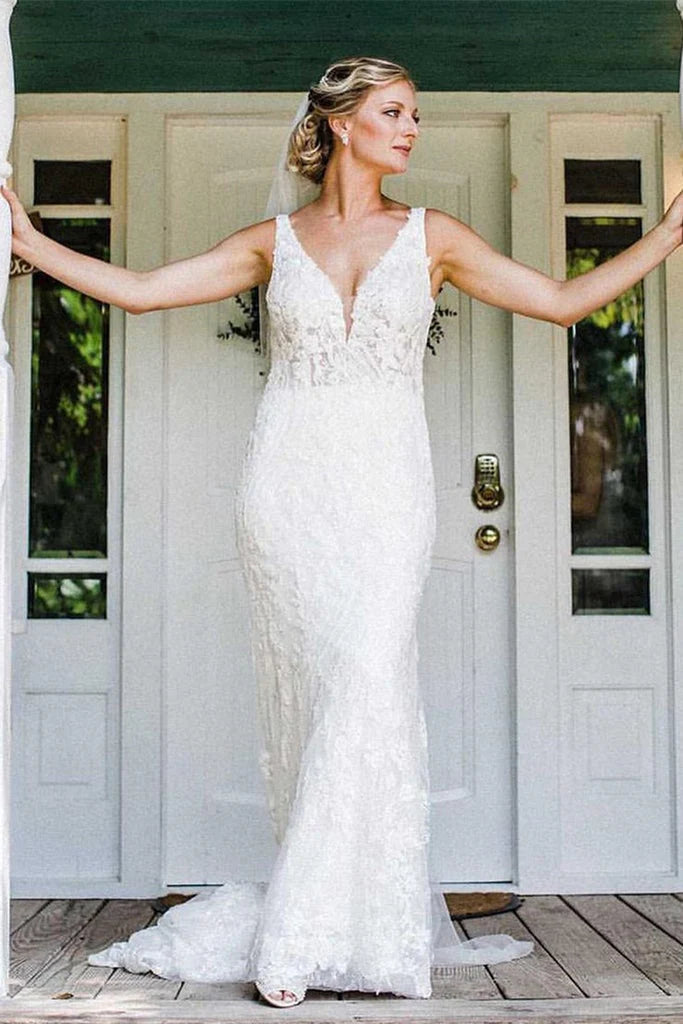 V Neck Lace Mermaid Sweep Train Wedding Dresses