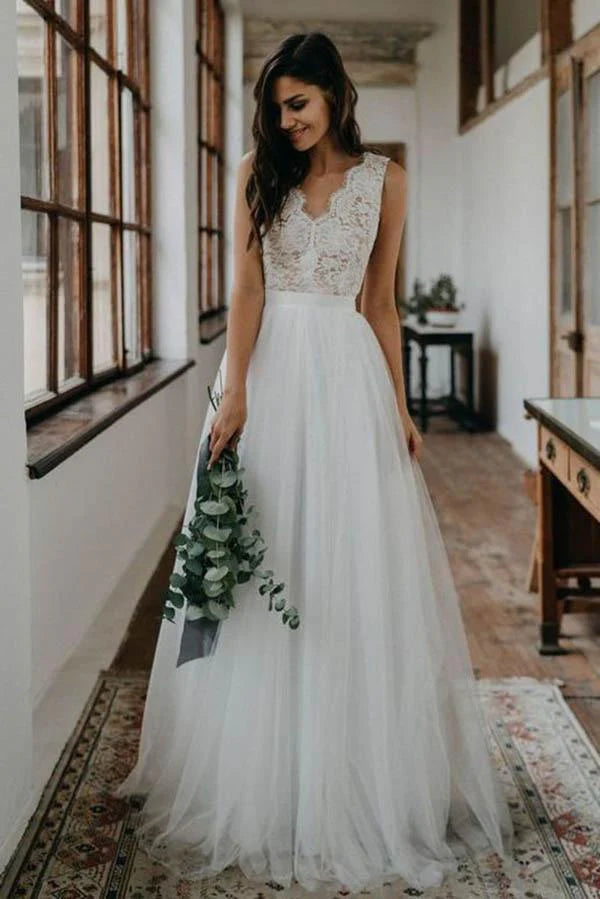 V Neck Lace Open Back Beautiful Wedding Dresses