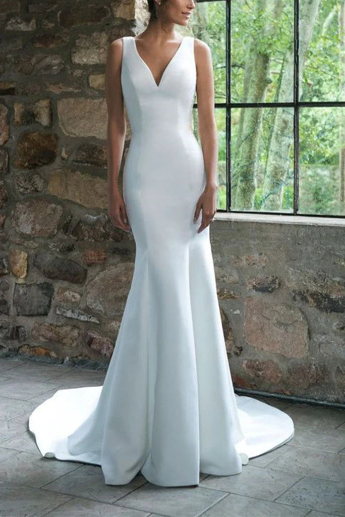 V Neck Sweep Train Mermaid Satin Wedding Dress