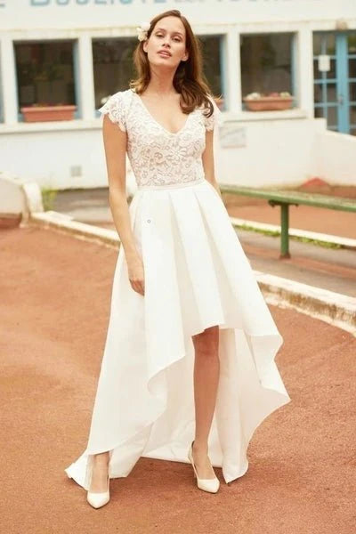 V Neck Vintage High Low Capped Sleeves Lace Appliques Wedding Dresses